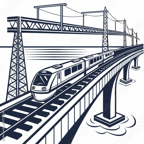 Monochromatic illustration of a modern train traveling on an elevated railway bridge with a