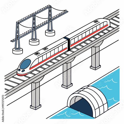 An isometric illustration of a modern highspeed train traveling on an elevated railway track with a tunnel and another bridge in the background