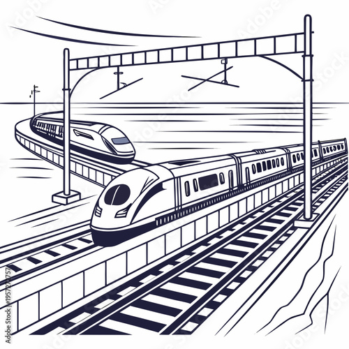 Vector illustration of two modern highspeed trains on parallel railway tracks with overhead wires