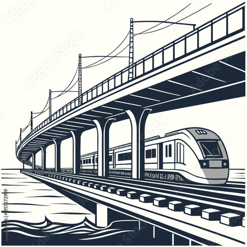 Monochromatic illustration of a modern train traveling on an elevated railway bridge over water with a