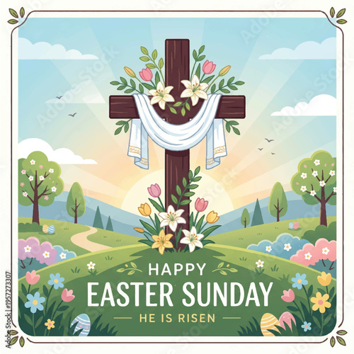 Happy Easter Sunday Vector Illustration with Christian Cross, Spring Flowers, and Sunrise Landscape Background