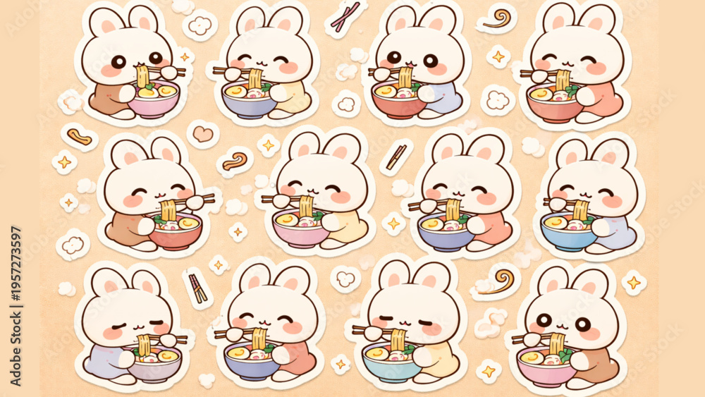 Fototapeta premium Adorable kawaii bunnies enjoying delicious bowls of ramen noodles, perfect for food-themed designs and cute illustrations