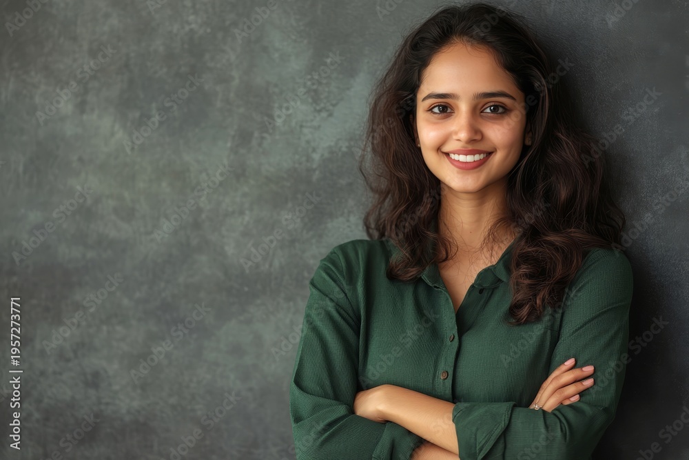 Fototapeta premium Cheerful young woman with curly dark hair and a warm smile, confidently standing with crossed arms against a textured background.