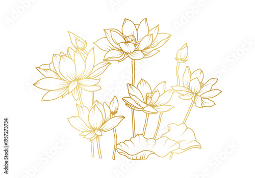Elegant golden lotus flower line art vector illustration with blooming lily pads and buds for luxury branding spa wellness and spiritual design