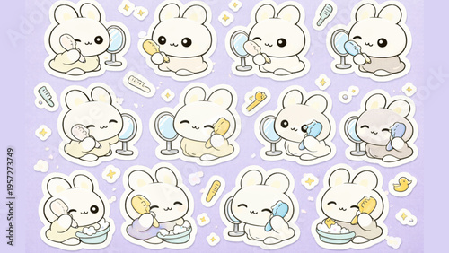 Cute Kawaii Bunny Characters Applying Makeup and Grooming with Mirrors and Brushes