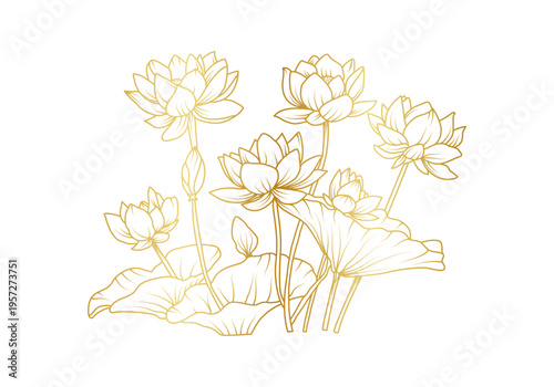 Elegant golden lotus flower line art vector illustration with blooming lily pads and buds for luxury branding spa wellness and spiritual design