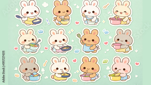 Adorable Kawaii Bunnies Engaged in Various Cooking Activities with Cute Utensils