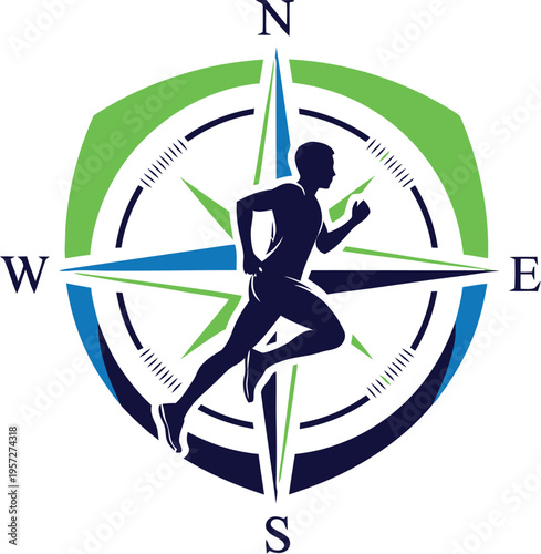 Silhouette of an athletic runner centered within a stylized compass rose design representing direction and fitness goals