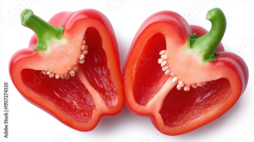 A fresh red bell pepper cut into slices. Juicy pepper halves with green stems. Isolated object for packaging design, menus, and product advertising.