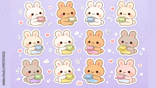 Adorable kawaii bunnies enjoying their tea time with cute mugs, perfect for stickers and children's decor