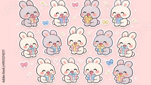 Adorable Kawaii Bunnies Holding Gift Boxes with Pink Background and Confetti, Perfect for Easter and Celebrations