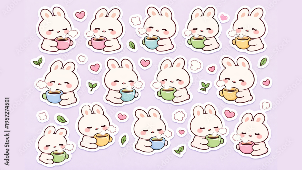 Obraz premium Charming collection of cute cartoon white bunnies enjoying various hot beverages from colorful mugs, each with a sweet and gentle expression, presented as whimsical stickers