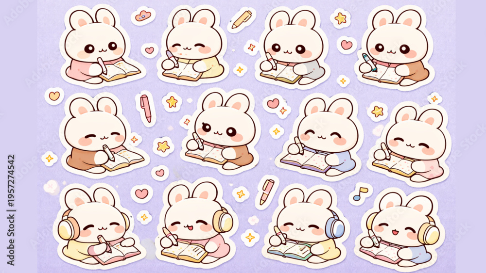 Fototapeta premium Adorable collection of kawaii bunny characters engaged in various sweet academic and relaxing activities, perfect for cute designs and playful projects