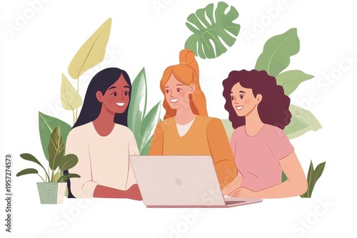 Three diverse cartoon women, including one with a laptop, happily collaborate amidst vibrant green tropical leaves, symbolizing teamwork and nature.