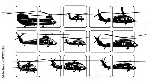 Diverse Helicopter Silhouettes Collection: Military, Transport, Attack Aircraft