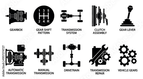 A collection of black and white icons illustrating various car transmission components and concepts, including gearboxes, shift patterns, and repair.