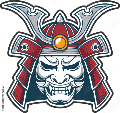 Illustration of a Samurai Helmet with fierce features, embodying strength and honor
