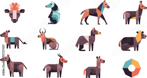 Low poly animals set with geometric wildlife characters including deer horse dog and cow, modern abstract vector illustration collection