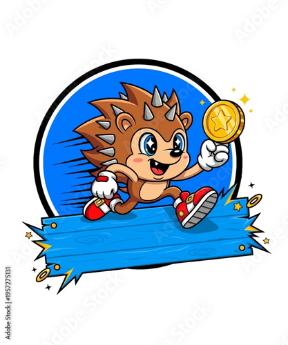 A cute, fast cartoon hedgehog character inspired by video games joyfully runs, holding a shiny gold star coin.