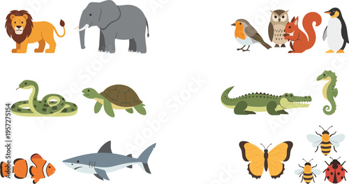 Animal collection set with wild and sea creatures including lion elephant turtle shark and insects, cute fauna vector illustration
