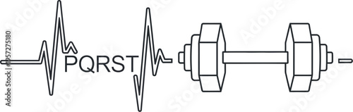 A stylized electrocardiogram wave with PQRST segments seamlessly transforms into a gym dumbbell, representing the vital connection between heart health, physical fitness, and strength training.