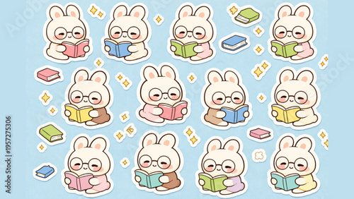 Charming set of studious cartoon bunnies with glasses reading. Adorable animal illustrations symbolizing education, knowledge, and learning for children's designs