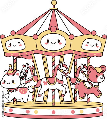 Cute kawaii carousel illustration with adorable animals and horses, pastel merry go round amusement ride vector design for kids