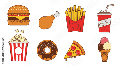 Colorful fast food icons on white 5.