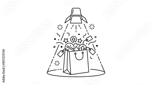 Shopping Bag Illuminated by Spotlight with Price Tags and Confetti