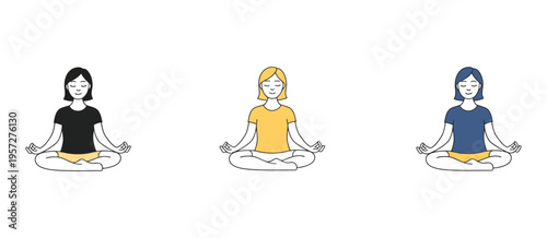 Woman meditating lotus pose vector collection, mindfulness and mental health icons, yoga girl sitting in zen line art illustration, wellness, stress relief, and relaxation graphics.