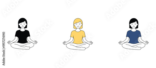 Woman meditating lotus pose vector collection, mindfulness and mental health icons, yoga girl sitting in zen line art illustration, wellness, stress relief, and relaxation graphics.