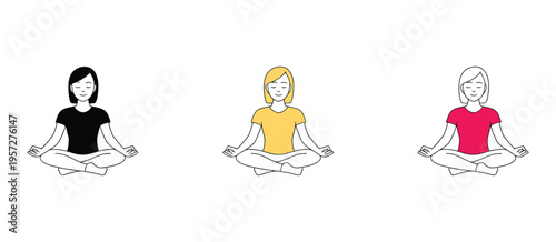 Woman meditating lotus pose vector collection, mindfulness and mental health icons, yoga girl sitting in zen line art illustration, wellness, stress relief, and relaxation graphics.