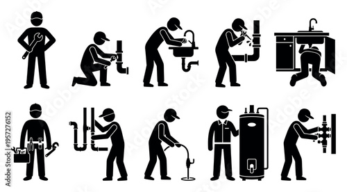 A collection of black and white pictogram icons illustrating various plumbing tasks and tools, suitable for service industries and repair concepts.