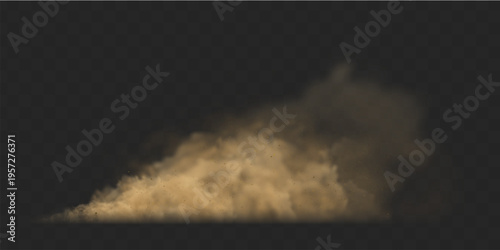 Flying dust cloud from car on black transparent background. Brown sandy particles dispersing in air with realistic dirt explosion effect. Dynamic motion overlay for design and composition.