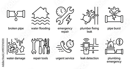 A collection of line art icons illustrating plumbing emergencies, water damage, and repair services, suitable for emergency service providers and home maintenance guides.