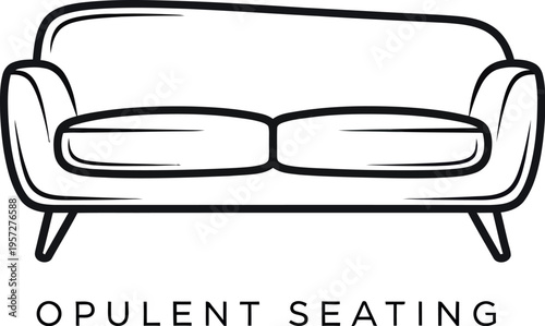 Simple black and white line art logo depicting a modern two-seater sofa beneath the elegant text opulent seating representing furniture design.