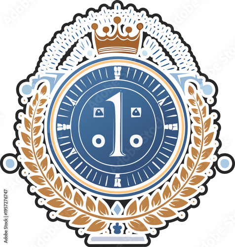 A beautiful badge representing first place, a symbol of achievement and success. The design includes a crown, laurel leaves, and the number 1