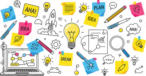 Creative ideas concept with light bulb sticky notes and doodles, brainstorming workflow illustration for innovation and startup thinking vector design