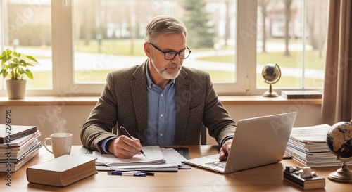 Professor Working on Laptop with Books in University Office Research Concept