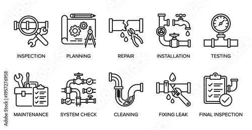 A set of simple line art icons illustrating various plumbing services, including inspection, planning, repair, installation, testing, maintenance, system check, cleaning, fixing leaks.
