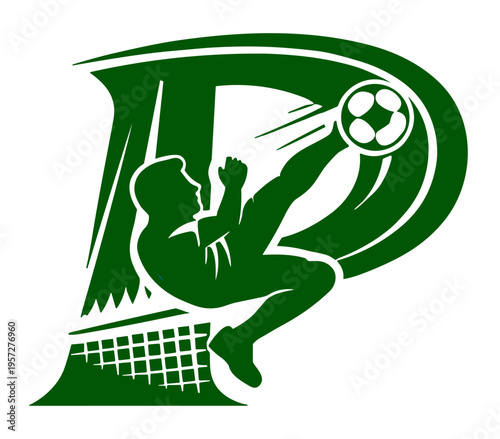 Soccer Alphabet Letter P with Goalkeeper Save Silhouette. Letter P featuring a diving goalkeeper in action. Ideal for sports graphics, football branding, and learning materials.