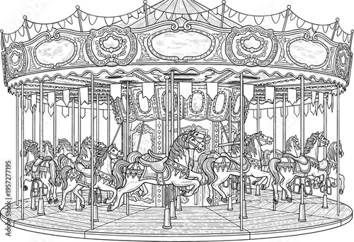 Vintage carousel line art illustration with ornate merry go round horses, detailed amusement park ride engraving style vector design