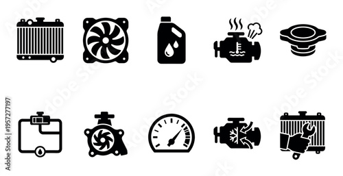 A collection of black and white vector icons representing various car engine components and maintenance symbols, ideal for automotive graphics and designs.