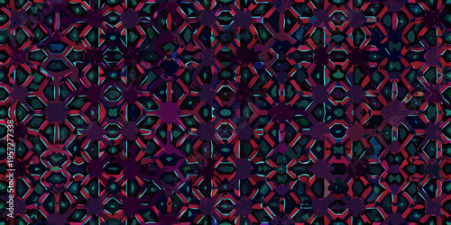 Intricate geometric pattern with dark red teal and purple hues