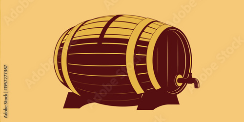 A stylized illustration of a wooden barrel with metal bands and spigot