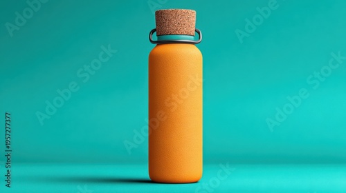 Tall orange reusable water bottle with cork lid and metal ring on a teal background drink container