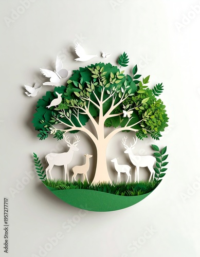 Circle of life; paper-cut tree with animals and birds