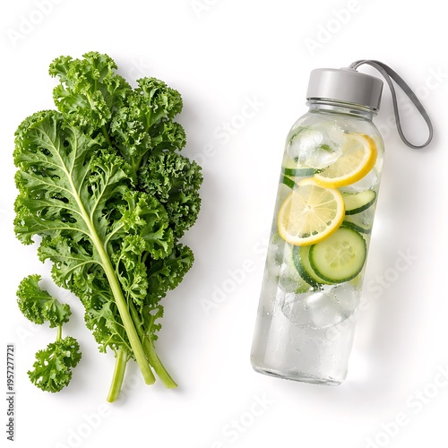 “Kale leaves with water bottle for detox and weight loss diet concept, isolated on white background, healthy lifestyle