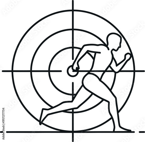 Minimalist vector illustration of a determined person sprinting towards the bullseye of a target, representing focus, speed, ambition, and the pursuit of goals in competitive environments.