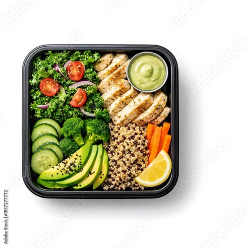 “Kale meal prep box with vegetables for weight loss diet, isolated on white background, healthy eating concept”